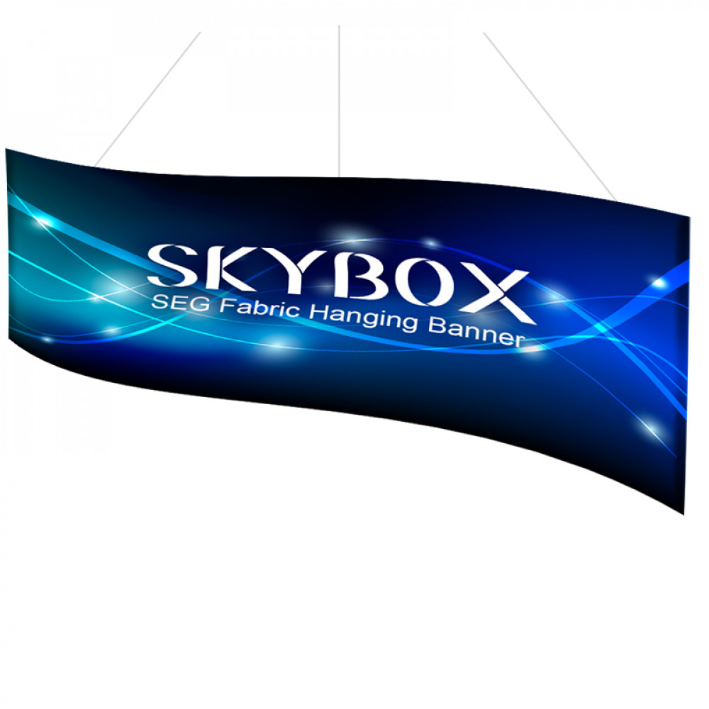 A curved blue hanging fabric banner with bright wave graphics and suspension cables on a white background.